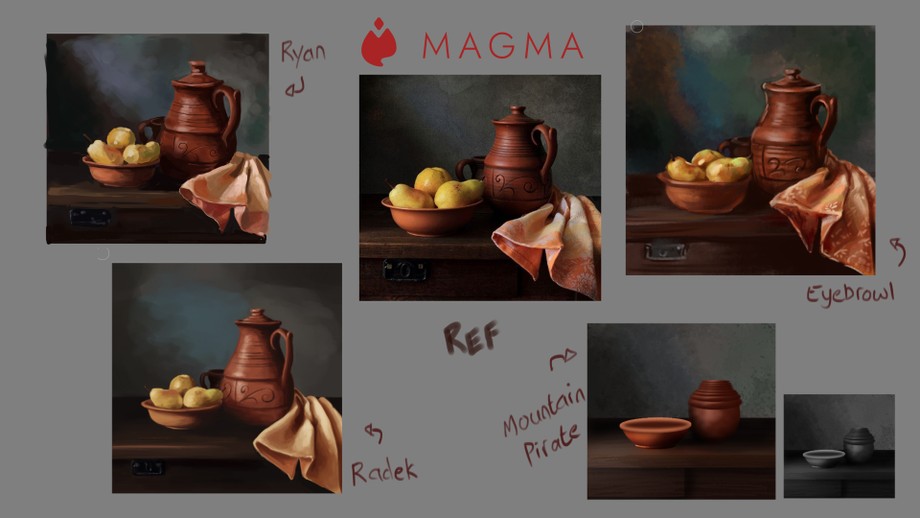 Collection of digital still life paintings done in Magma by the participants of our Classroom LIVE session.