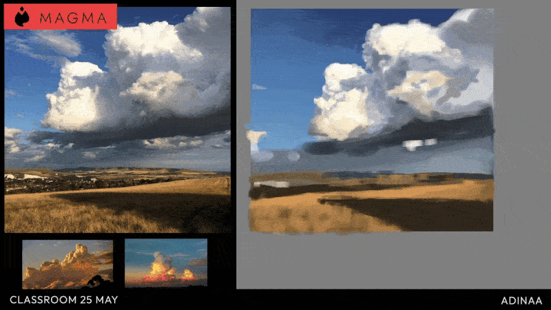 A GIF cycling through the different paintings of clouds during our last Classroom stream.
