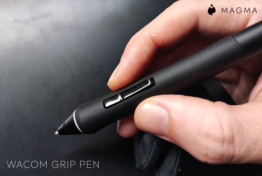 A close-up of the Wacom Grip Pen with two customizable buttons.