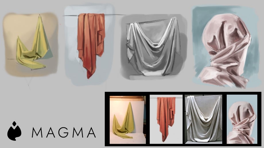 A collection of different painting sketches (top) with the reference images below. The focus was on fabric folds for these.