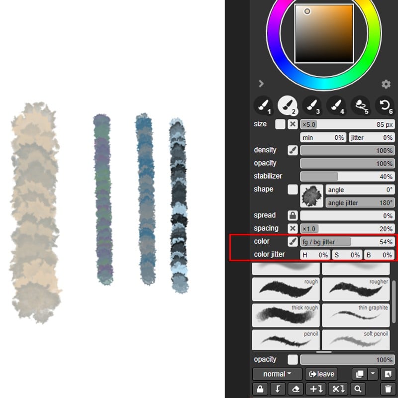 Brush dynamics in Magma will give your brush strokes more variety and texture. You can change the spacing, and hue, saturation and brightness jitter.