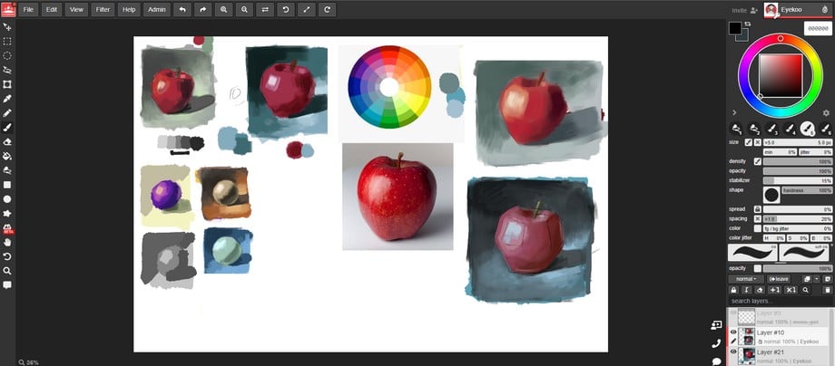 A screenshot from the Magma Classroom where we introduce the basic of color theory and paint more apples.