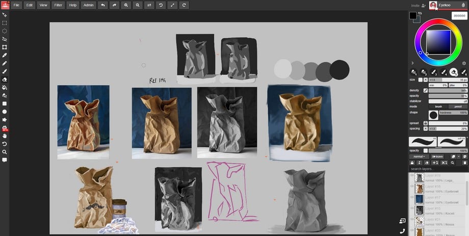 Simplifying a crumpled paper bag was the subject of our next Magma Classroom session. The screenshot of the canvas shows the different participants paper bag paintings.