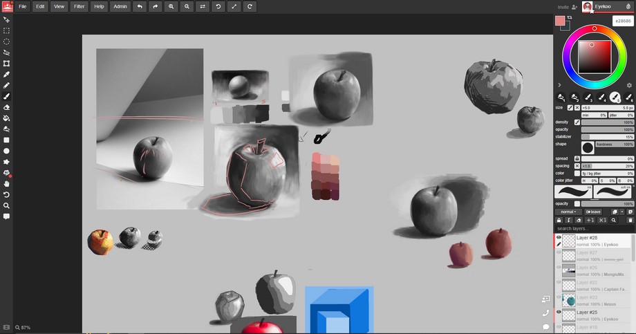 This screenshot from the Magma Classroom canvas has painted apples by different people who were painting together.