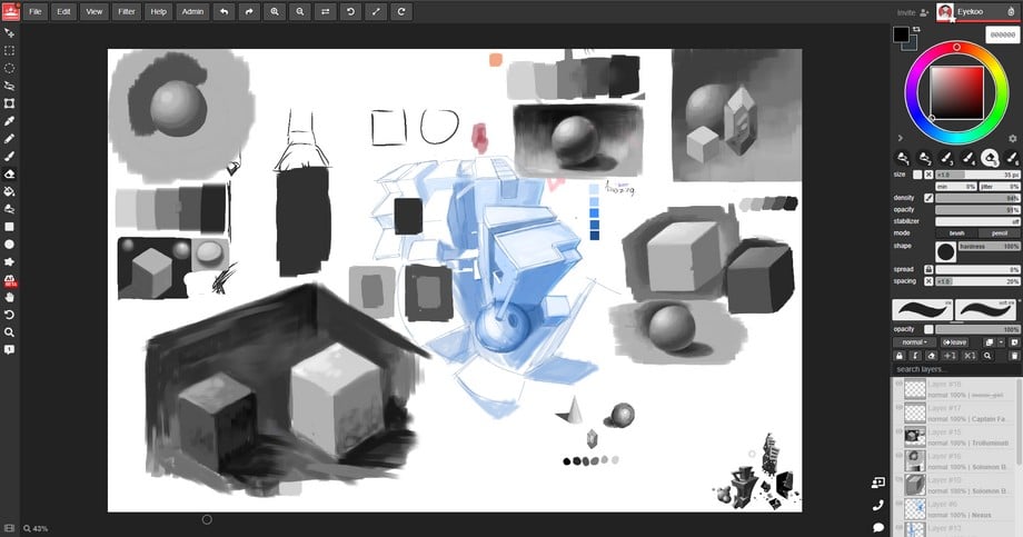 This screenshot is of our first lesson with basic cubes and spheres painted on the canvas in grayscale.