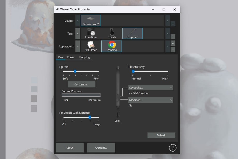 A screenshot of the Wacom Tablet Properties window with a custom settings profile for Google Chrome.