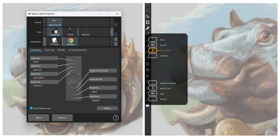 Screenshots of the custom settings for the express keys along the side of the Wacom Intuos Pro.
